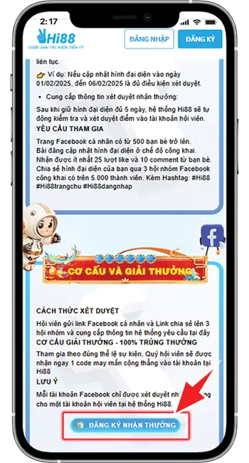Bước 1: Sau khi thay AVATAR và chia sẻ lên các nhóm → chọn ĐĂNG KÝ NHẬN THƯỞNG